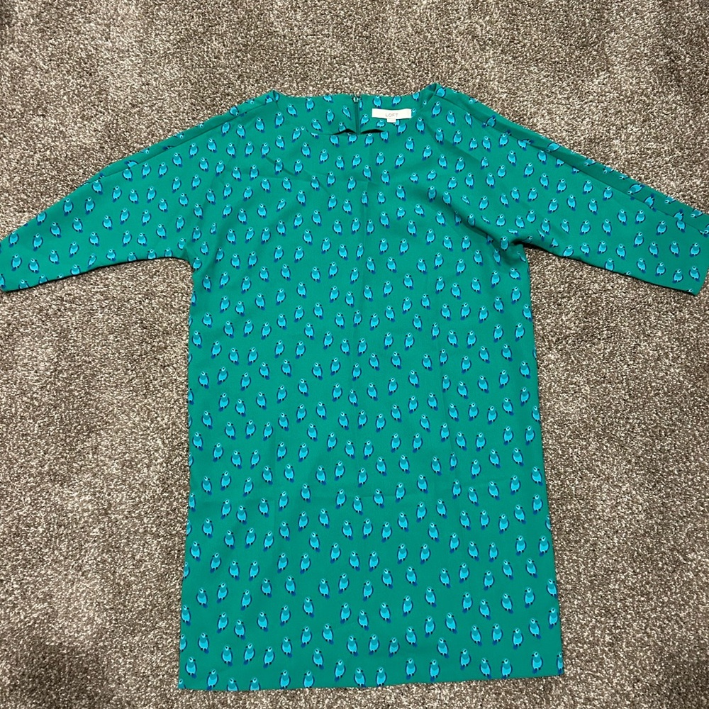 LOFT Green Dress with Blue Bird Pattern